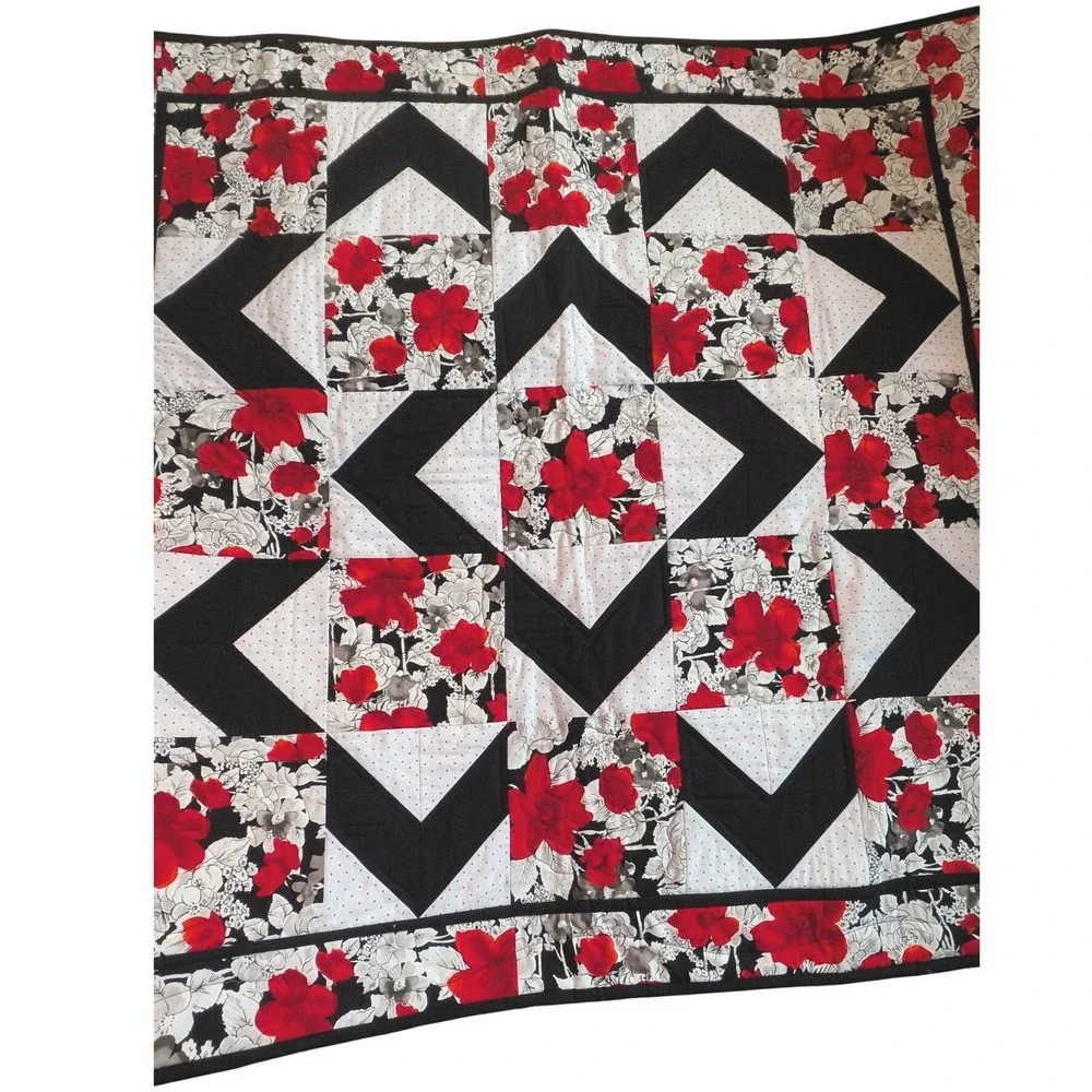 Handmade Baby Quilt Red Black White Floral Geometric Star Patchwork 40x40 Square